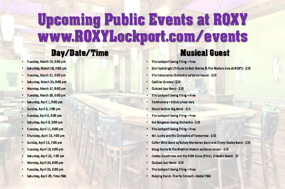 ROXY Events Schedule, March and April, 3-13-2023